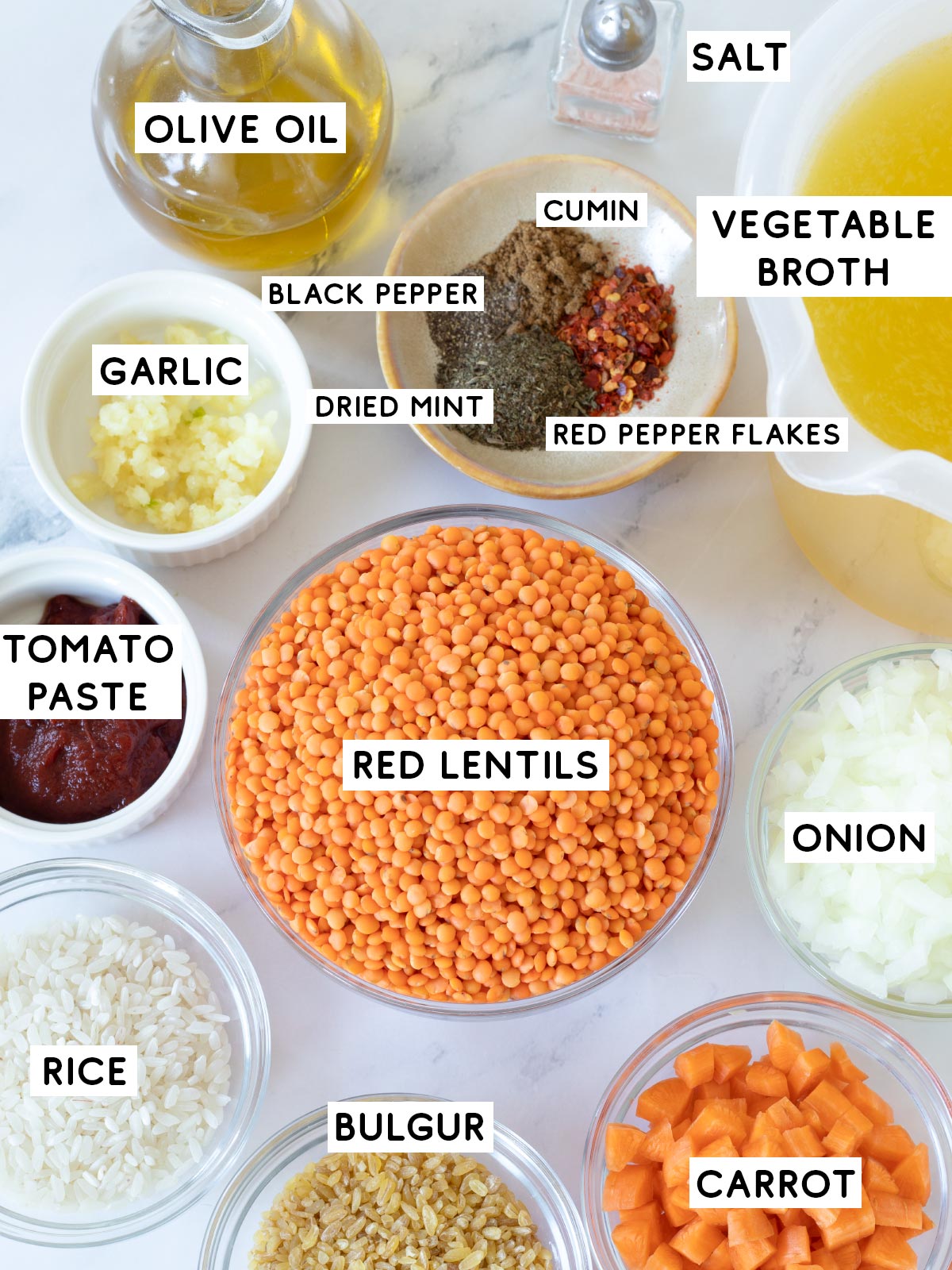 Ingredients for turkish red lentil bulgur rice soup.