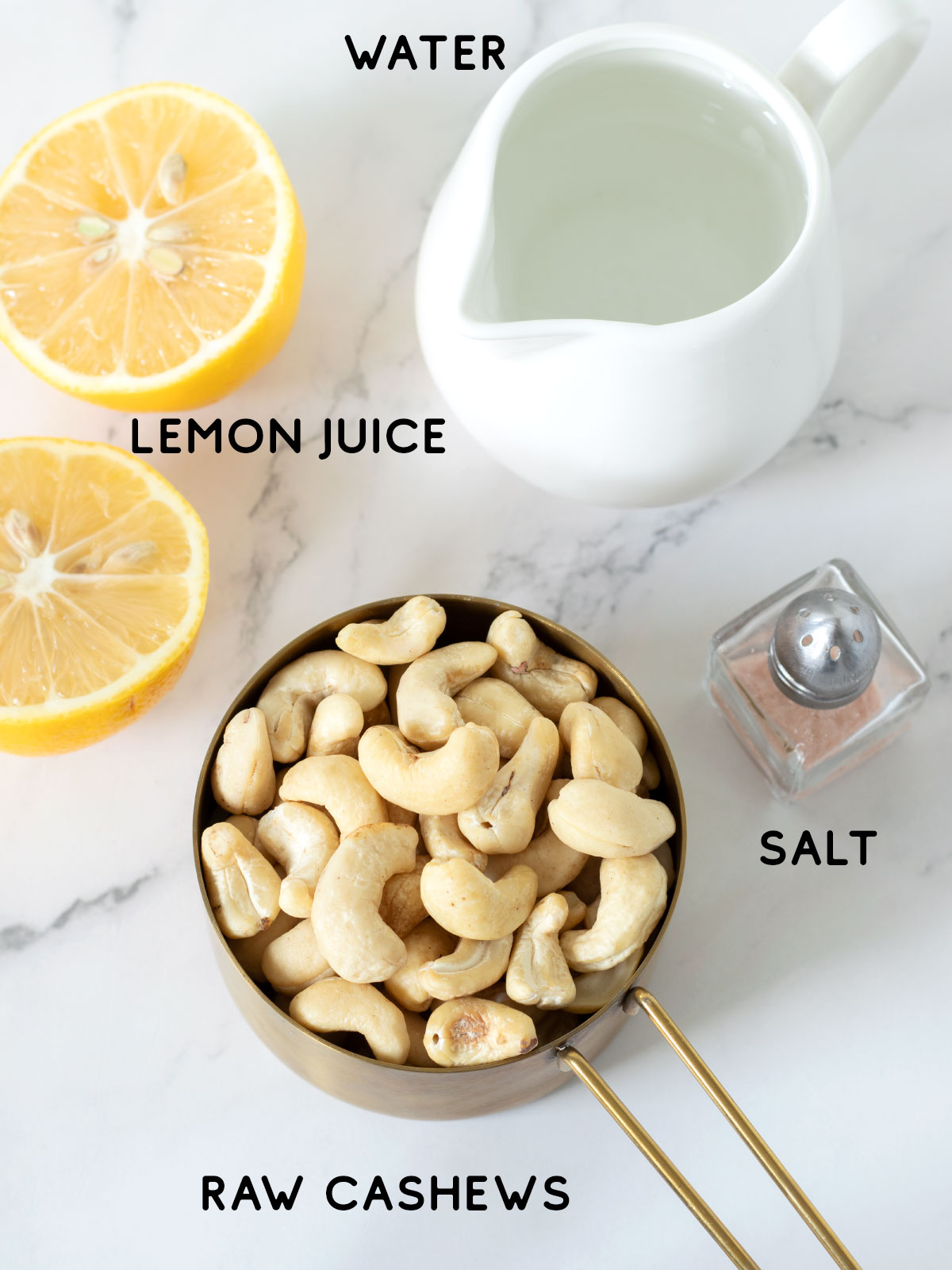 Plant-based ingredients for vegan cashew cream.