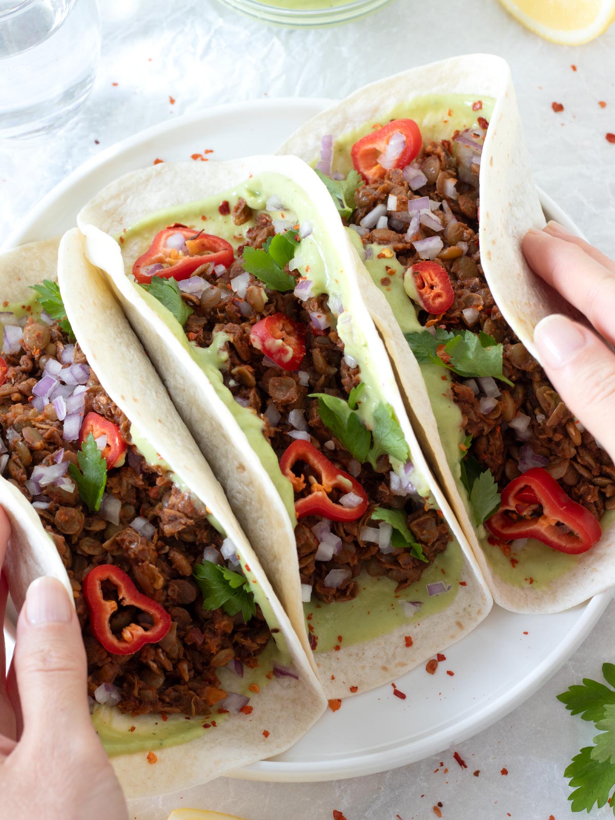 Plant-based lentil taco meat with walnuts.